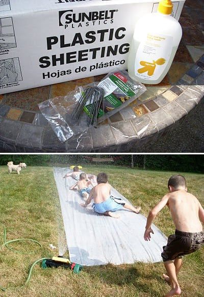 two pictures of children playing in the grass and one has a plastic sheet on it