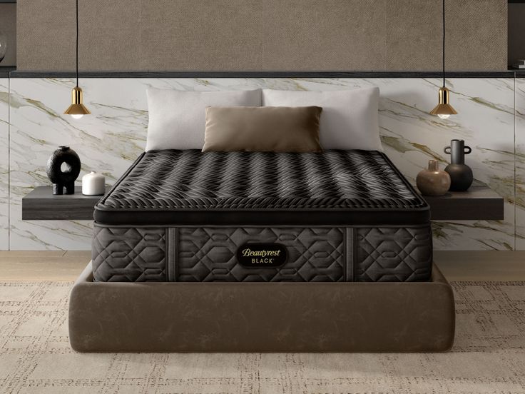 an image of a mattress in the middle of a room with marble walls and flooring