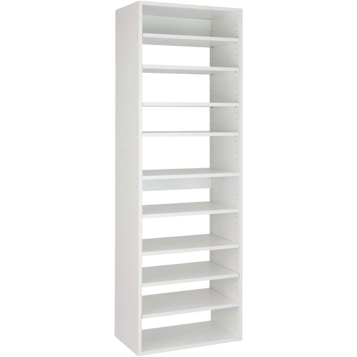 a white book shelf with six shelves on one side and two open ones on the other