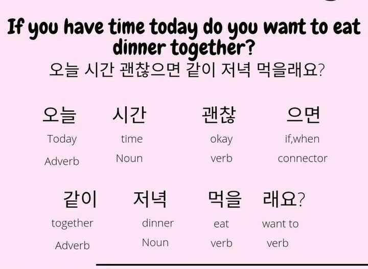 a pink poster with some words in korean and english on the bottom right corner, which says if you have time today do you want to eat dinner together?