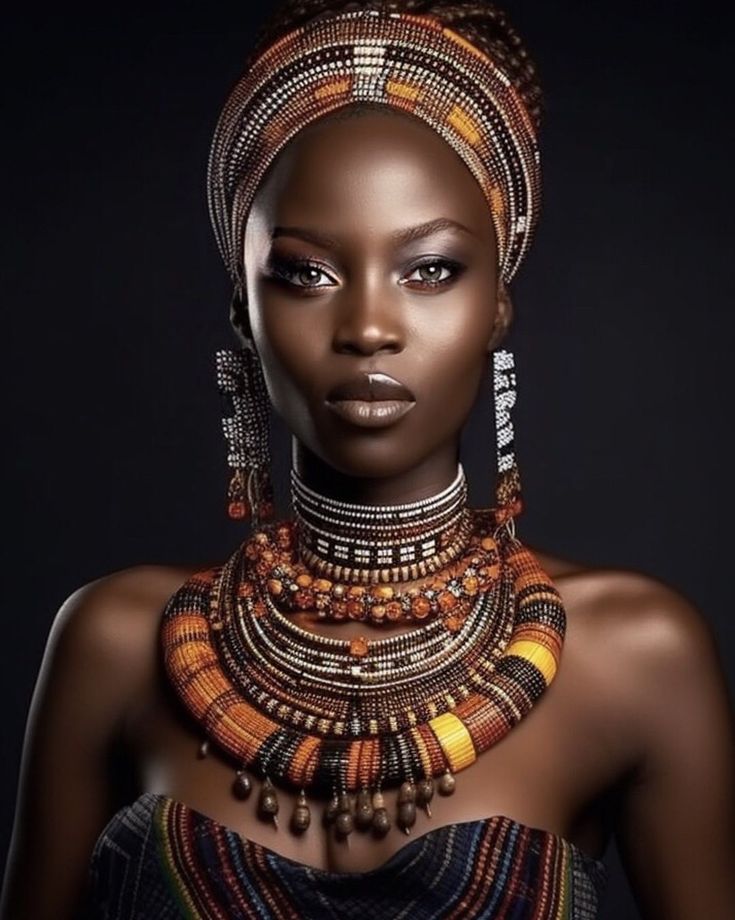 an african woman with large necklaces and earrings on her head, in front of a black background