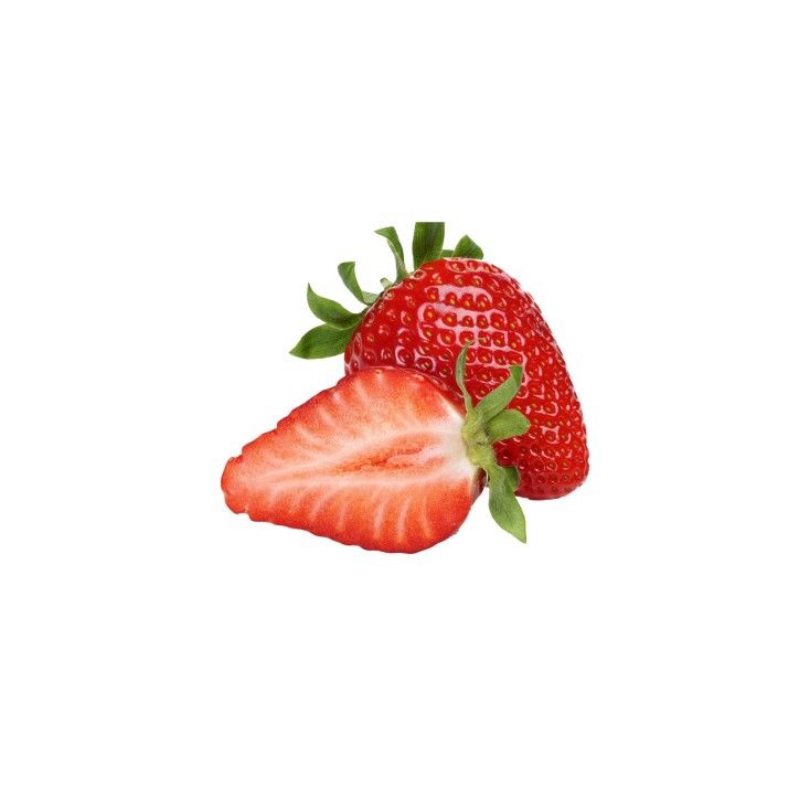 two strawberries on a white background one is half eaten and the other half has green leaves