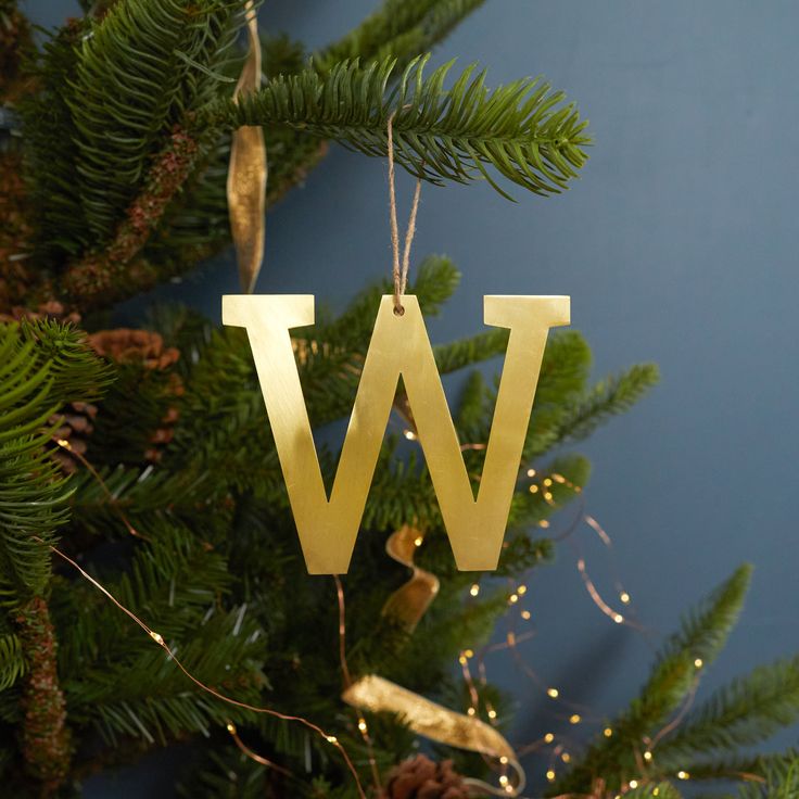 a wooden letter hanging from a christmas tree