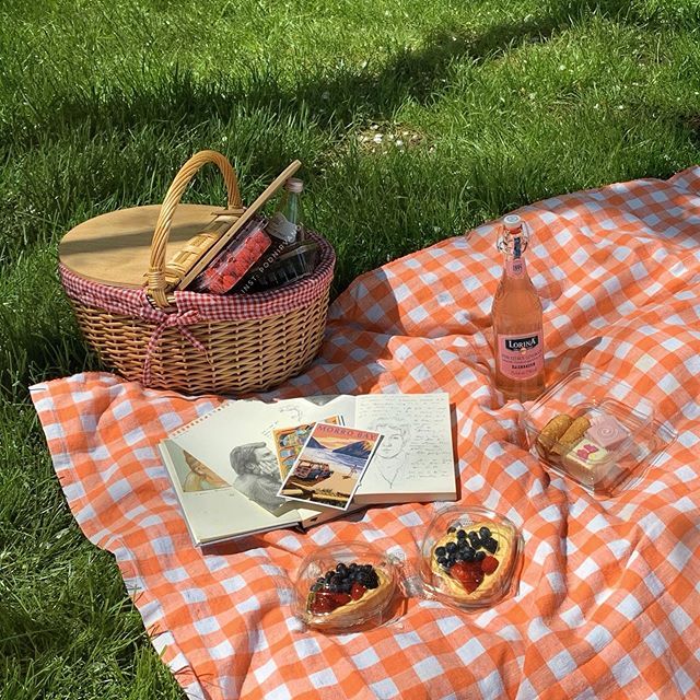 an orange and white checkered blanket on the grass with picnic items in front of it