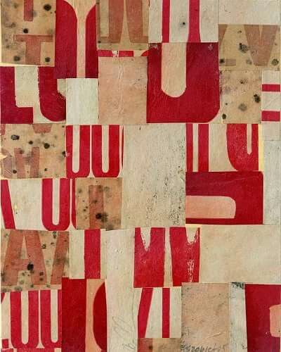 an abstract painting with red and white squares on the bottom half of it, which has words written in different languages