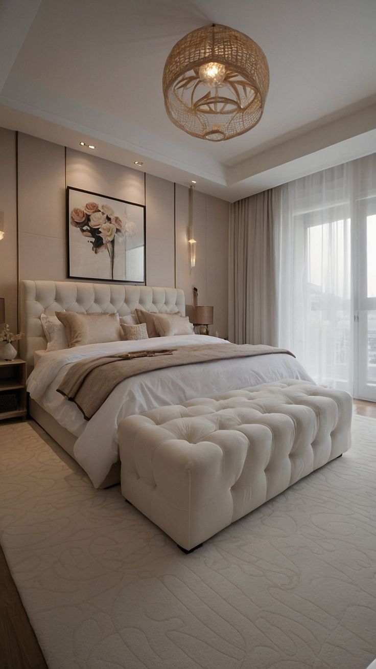 a large white bed sitting in a bedroom next to a window