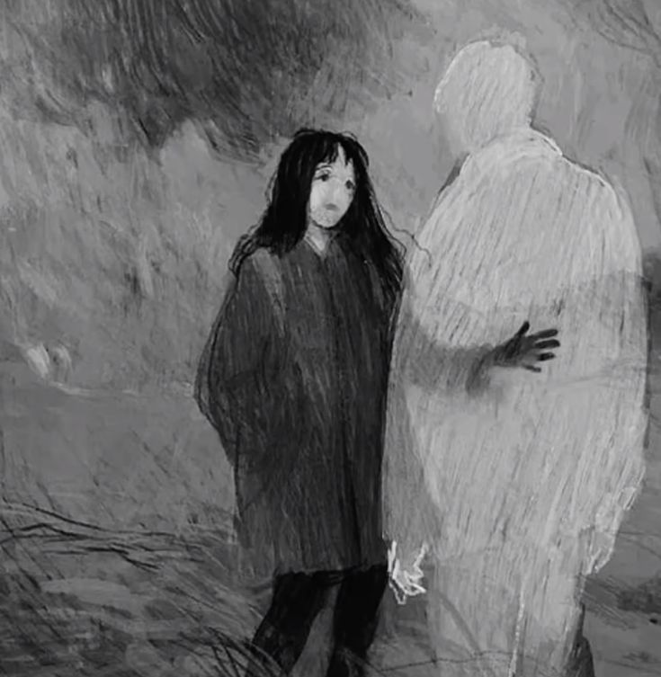 a black and white drawing of two people standing next to each other in the rain