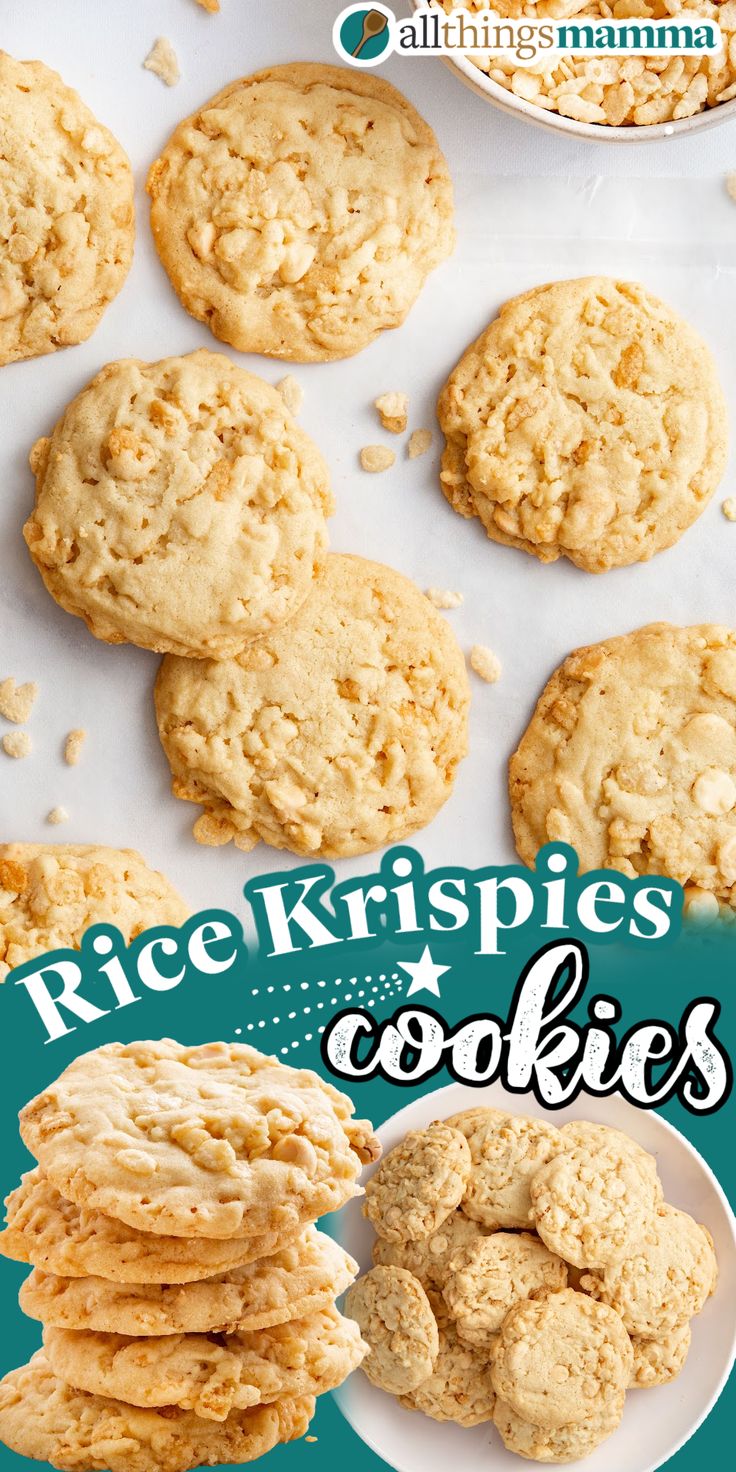 collage image showing a variety of presentation of Rice Krispie Cookies. Baked Rice Crispy Treats, Oatmeal And Rice Krispie Cookies, Triple Treat Cookies, Pie, Rice Krispies Cookies Recipes, Chocolate Chipless Rice Crispy Treat Cookies, Treats With Rice Krispies, Cookies Using Rice Krispies, Crumbl Cookie Rice Krispie Recipe