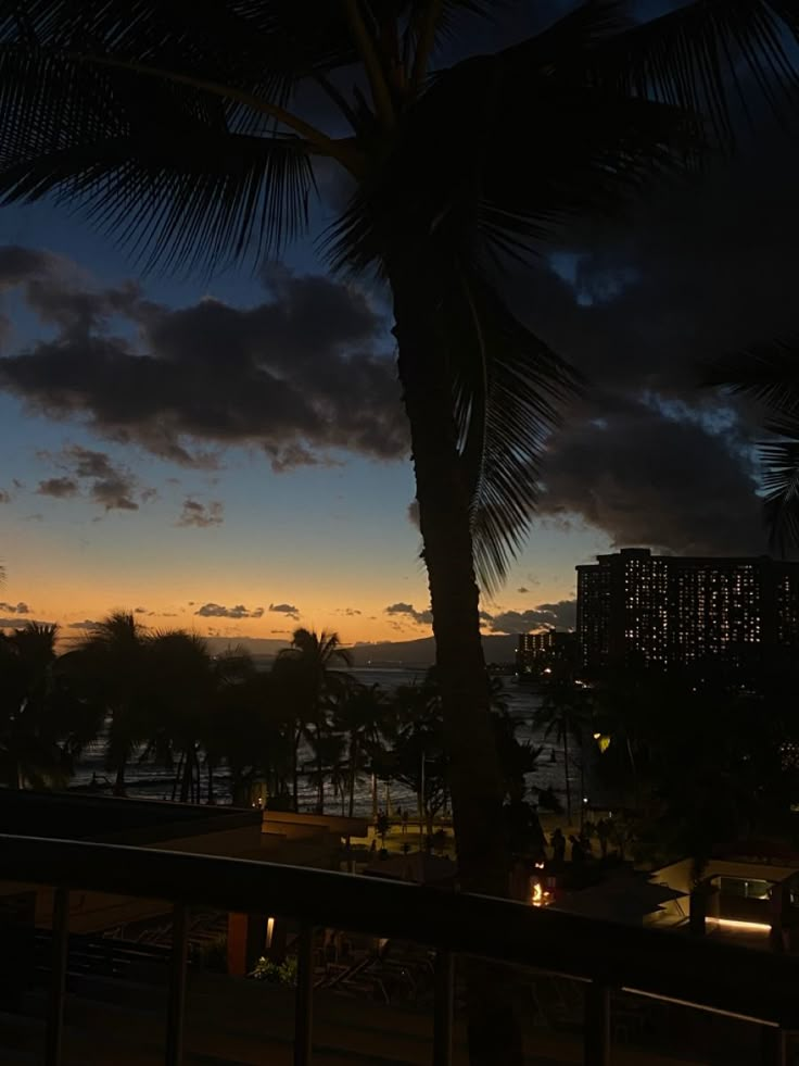 Hawaii, places, vacation, travel, sunset, balcony, hotel, palm trees, beach, ocean Hawaii City Aesthetic, Hawaii At Night, Sunset Pfp, Hawaii Night, Hawaii City, Summer Nights Aesthetic, Sunset Aesthetic Beach, Dark Sunset, Sunsets Hawaii