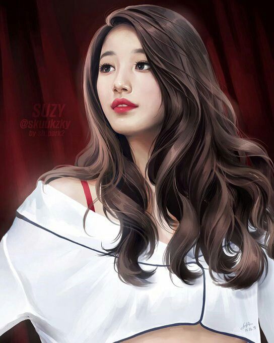 a drawing of a woman with long brown hair and red lipstick on her lips, wearing a white top