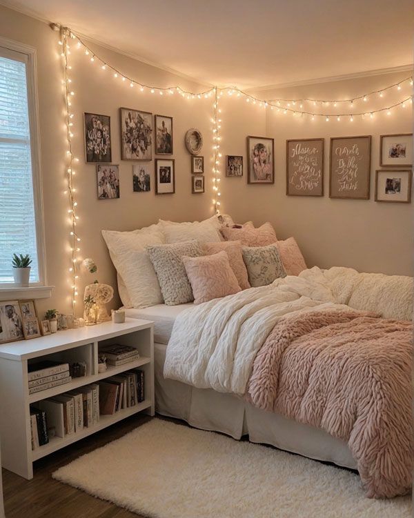 a bedroom with lights on the wall and a bed covered in pink blankets, pillows and blankets