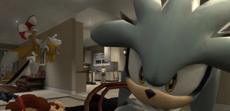 an animated image of sonic the hedgehog in a living room with other cartoon characters