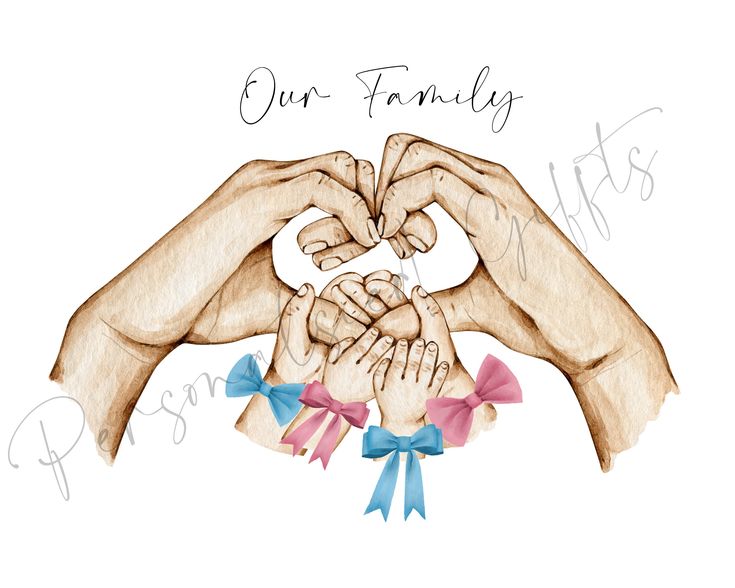 two hands making a heart with the words our family written on it in blue and pink