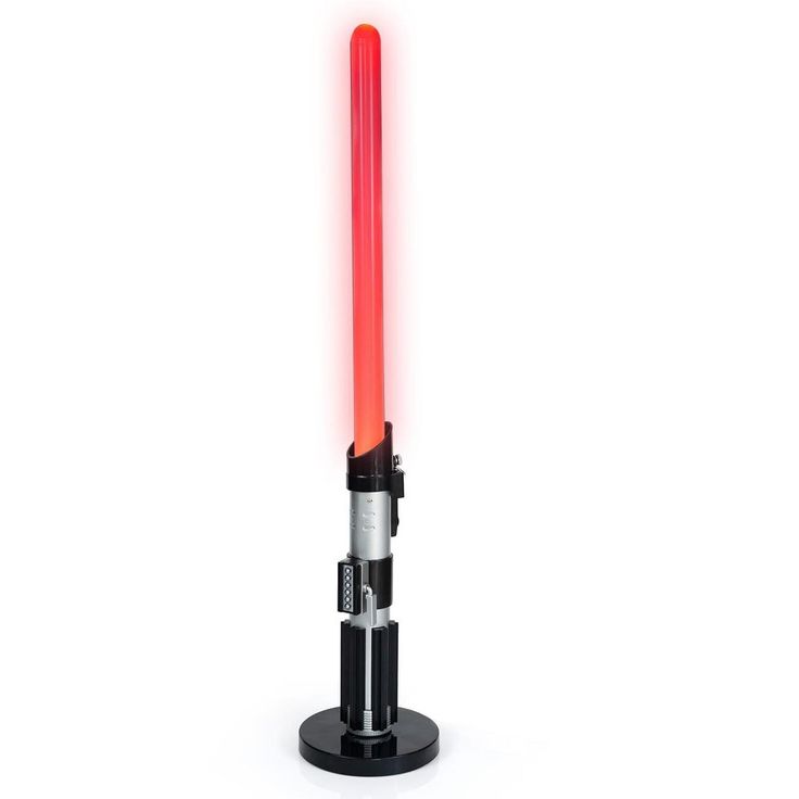 a red light saber is on display in front of a white background and black stand