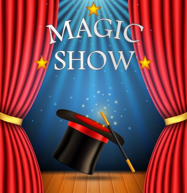 a magician's hat and top hat on stage with the words magic show above it