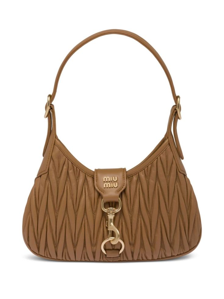 caramel brown nappa leather matelassé detailing gold-tone hardware gold-tone logo plaque lobster claw fastening single shoulder strap internal zip-fastening pocket Miu Miu Purse, Aesthetic Bags, Miu Miu Bag, Plush Bags, Bags Designer Fashion, Caramel Brown, Designer Shoulder Bags, Leather Hobo Bag, Brown Bags