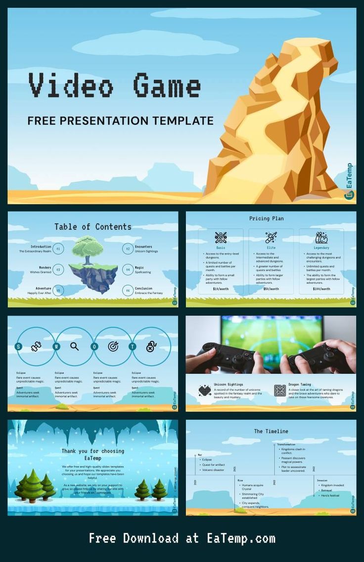 the video game powerpoint presentation is shown in three different stages, including an animated mountain and