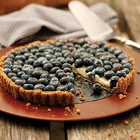 a blueberry cheesecake on a plate with a knife