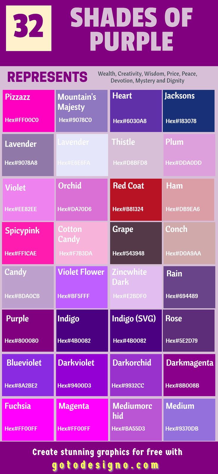 the color scheme for shades of purple, which includes different colors and font options to choose from