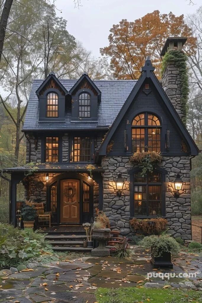 a stone house with lots of windows and plants on the front porch is lit up at night