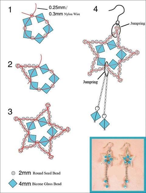 instructions to make beaded star earrings with beads and chains, including two different sizes