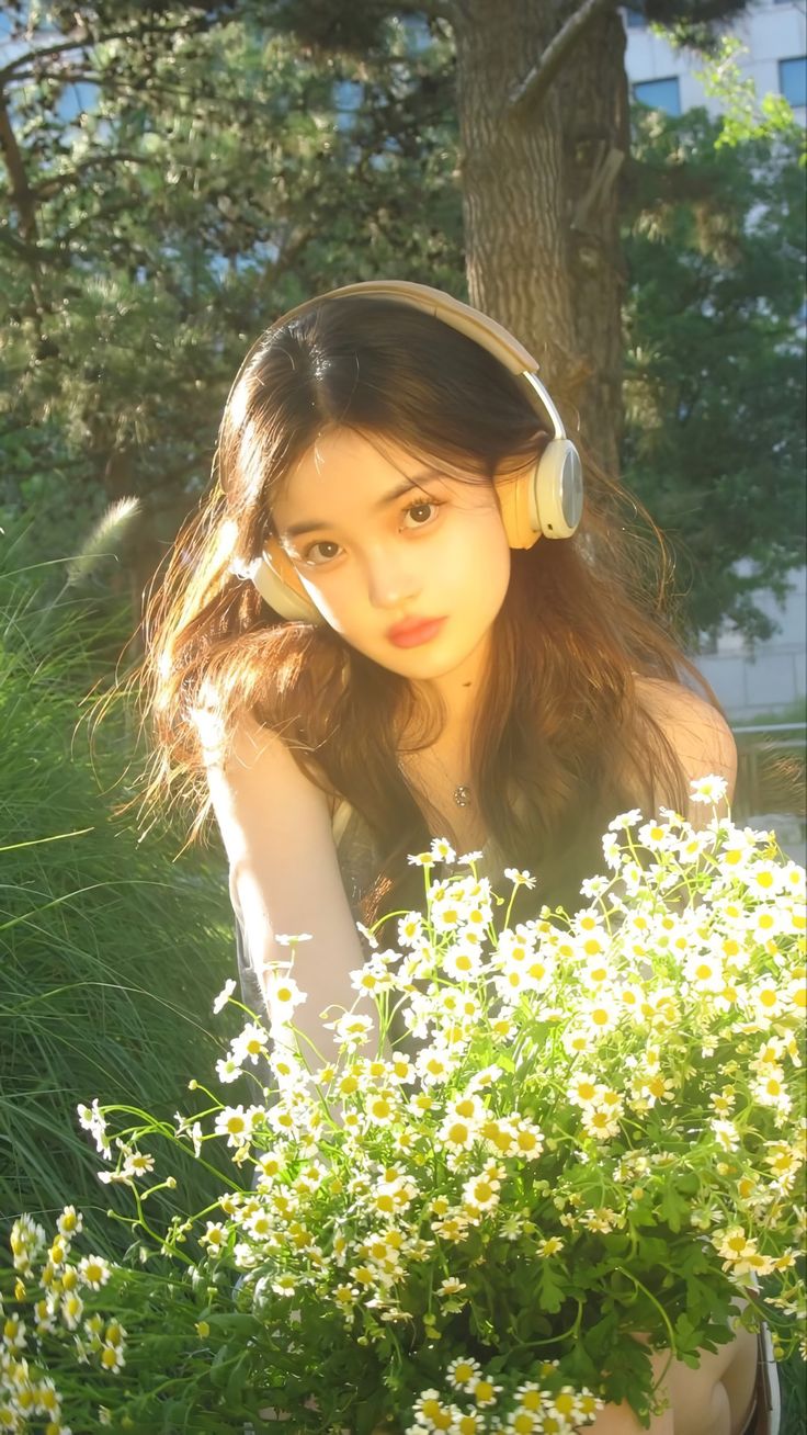 a young woman wearing headphones is sitting in front of some flowers and plants with white daisies