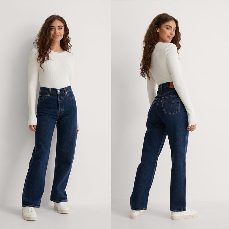 Levi's Highest High Rise Yet The Ribcage Jeanwith Its Soaring 12-Inch Risehas Become A Hip-Slimming, Waist-Defining, Leg-Lengthening Obsession This Fit Will Show Off Your Figure And Make You Feel As Amazing As You Look Sustainably Made With Tencel Fabric For Reduced Environmental Impact Style # 726930072 Color: Noe Dark Mineral - Dark Indigo Slim Through Your Hip Straight Leg Opening: 17" Super High Rise: 12" (Front) 79% Cotton, 21% Tencel Lyocell Midweight Button Fly 5-Pocket Styling High Rise Jeans Outfit, Straight Dark Jeans, Business Casual Jeans, Straight Jeans Outfit, High Waisted Jeans Outfit, Straight Leg Jeans Outfits, Straight Ankle Jeans, Jeans Outfit Winter, Tencel Fabric