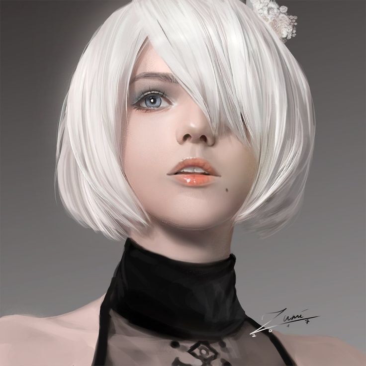 a digital painting of a woman with white hair