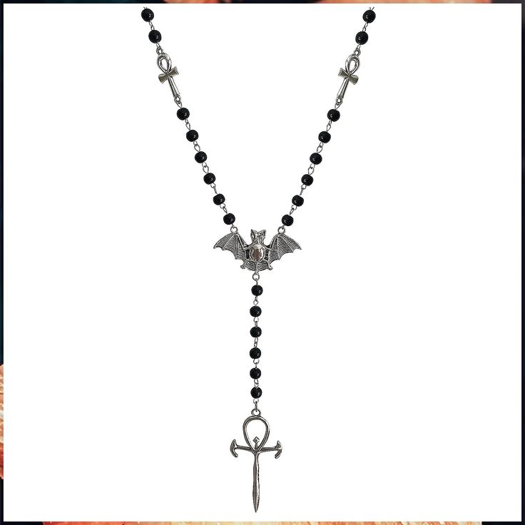 Ankh Cross Bat Necklace Religious Grunge Gothic Vampire Black Long Rosary Beaded Ancient Egyptian Necklace for Women Cross Choker Necklace, Bat Necklace, Ancient Egyptian Symbols, Layered Crosses, Egyptian Necklace, Ankh Cross, Cross Choker, Gothic Vampire, Egyptian Hieroglyphics