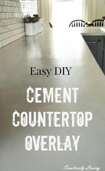 the words cement countertop overlay an island in a kitchen