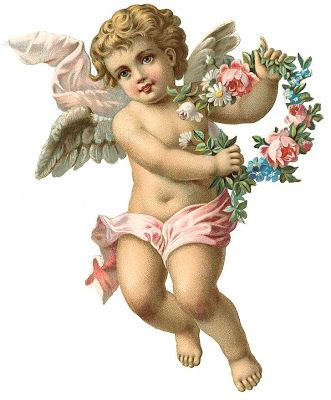 an angel with flowers on it's back is flying through the air and holding onto a branch