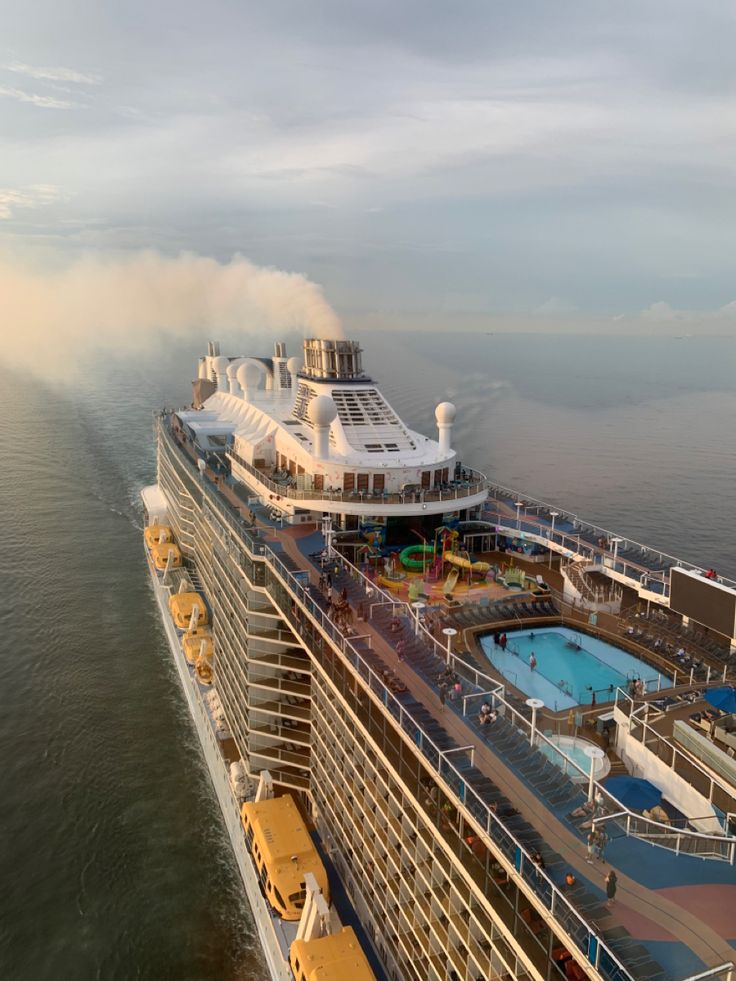 an aerial view of a cruise ship in the ocean