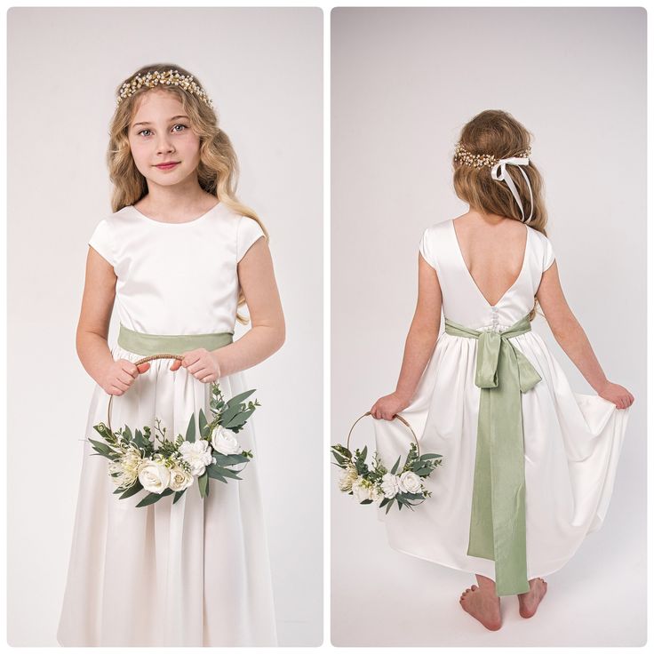 Our satin girl dress with sage green belt is a stunning and elegant choice for weddings or special occasions. Made from high-quality wedding satin fabric, this dress features a combination of a white sleeveles top with a sage green belt and white skirt. With its classic A-line silhouette and ankle gown-length style, this dress offers comfort and freedom of movement.The skirt is made of one layer of satin and additionally lined with soft fabric. Whether it's a wedding or any other special event, this dress will make any flower girl look like a true angel while adding a touch of sophistication to the occasion. ❍ ACCESSORIES ARE NOT INCLUDED But you can order them separately ❍ Please note that the colors of the objects on photos may differ from real Dress made from high quality wedding satin White Dress With Green Accessories, Sage Green Wedding Flower Girl, Flower Girl Dresses Floor Length, Kids Bridesmaid Dress, Kids White Dress, Green Flower Girl Dresses, Kids Bridal, Real Dress, Wedding Flower Girl Dress