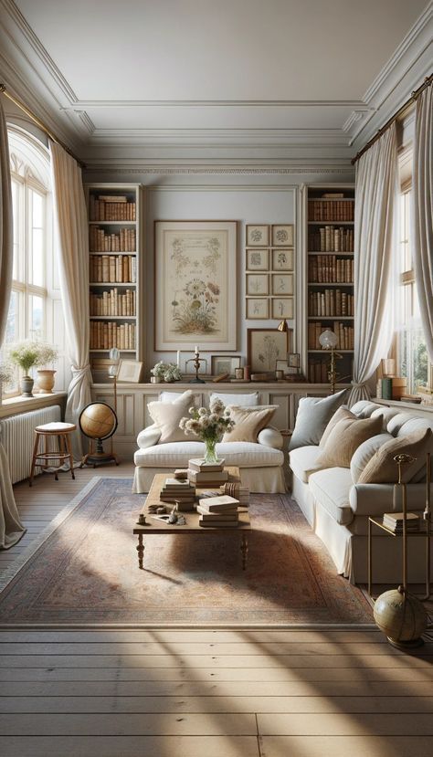 a living room filled with furniture and bookshelves next to a window covered in curtains