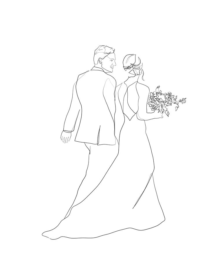 a line drawing of a bride and groom standing next to each other with flowers in their hands