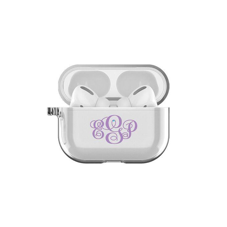 an apple airpods case with the monogrammed initials in purple on white background