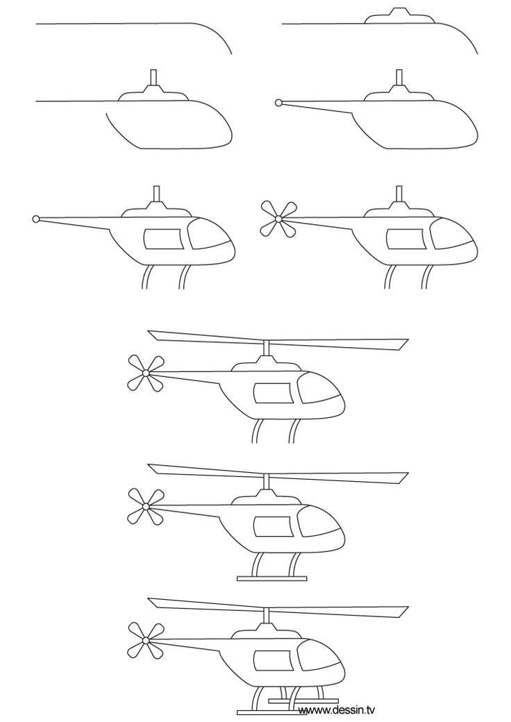 four different types of helicopters are shown in black and white, with one line drawing