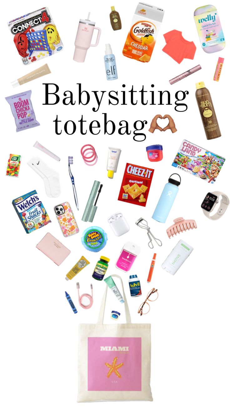 babysitting tote bag with lots of items flying out of it and the title overlay reads, babysitting totebag