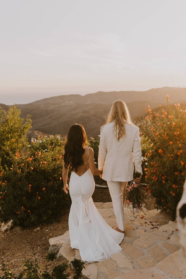 the bride and groom are walking down the path towards the mountains at sunset with their dog