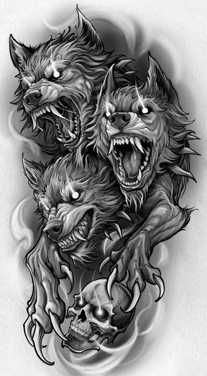 an ink drawing of three demonic creatures with their mouths open