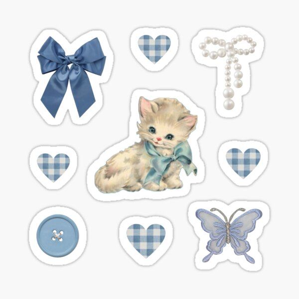 a sticker set with kittens, hearts and bows on it's side