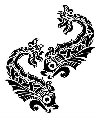 a black and white drawing of a dragon with intricate designs on it's back