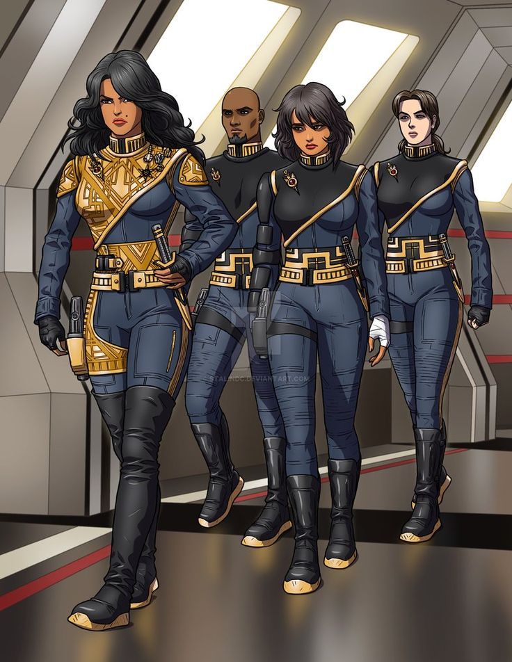 three women in blue and gold uniforms standing next to each other on a space station