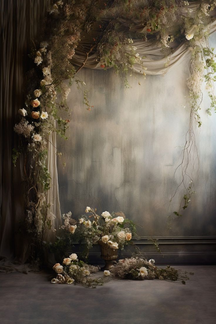 an arrangement of flowers and vines in front of a curtain