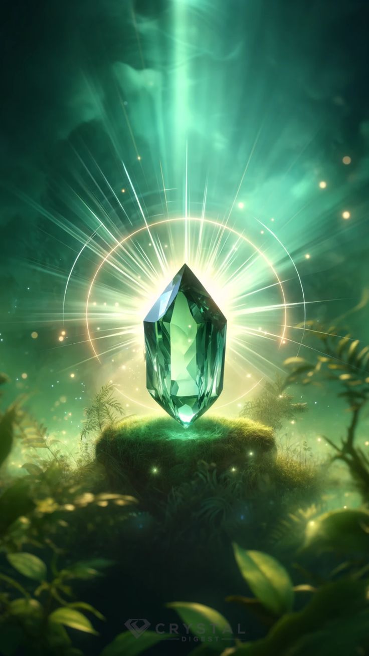 an emerald colored diamond surrounded by green plants and light shining in the sky above it