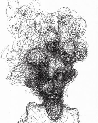 a drawing of a woman's head with many circles on it