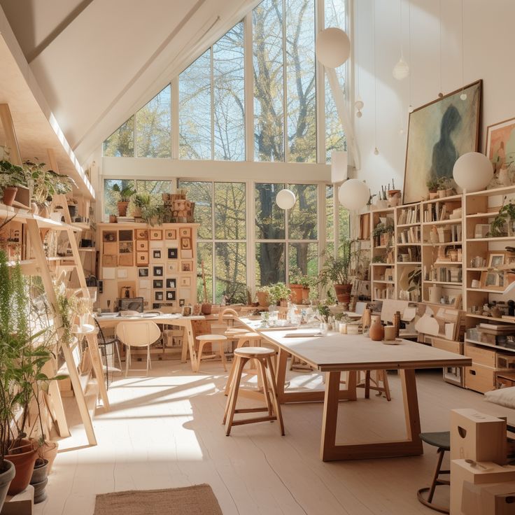 a room filled with lots of wooden furniture and shelves full of potted plants on top of them