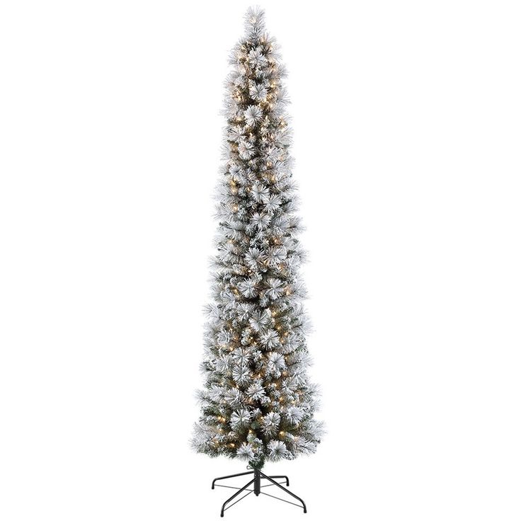 a white christmas tree with lights and snow on the top, in front of a white background