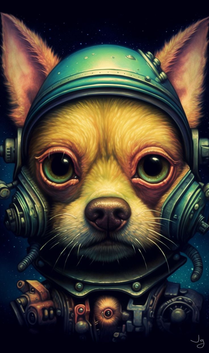 a dog in a space suit with big eyes and a gas mask on his head