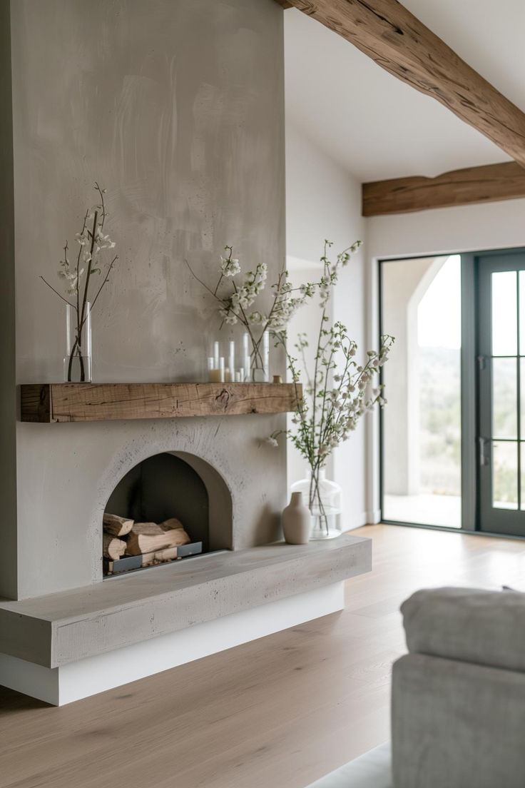 40 Minimalist Farmhouse Fireplace Ideas for Your Living Space Plaster Fireplace Hearth, Cream Walls White Fireplace, Fireplace Rustic Ideas, Scandinavian Gas Fireplace, Concrete Fireplace Living Room, Fireplace Minimalist Modern, Neutral Living Room Fireplace, 8ft Fireplace Wall, White Fireplace Surround Ideas